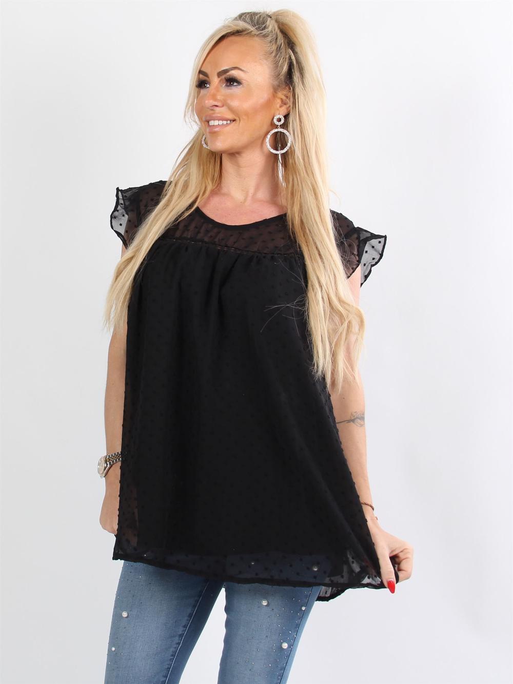 Majse - Svart tunika i chiffong med prickiga detaljer och volangärmar